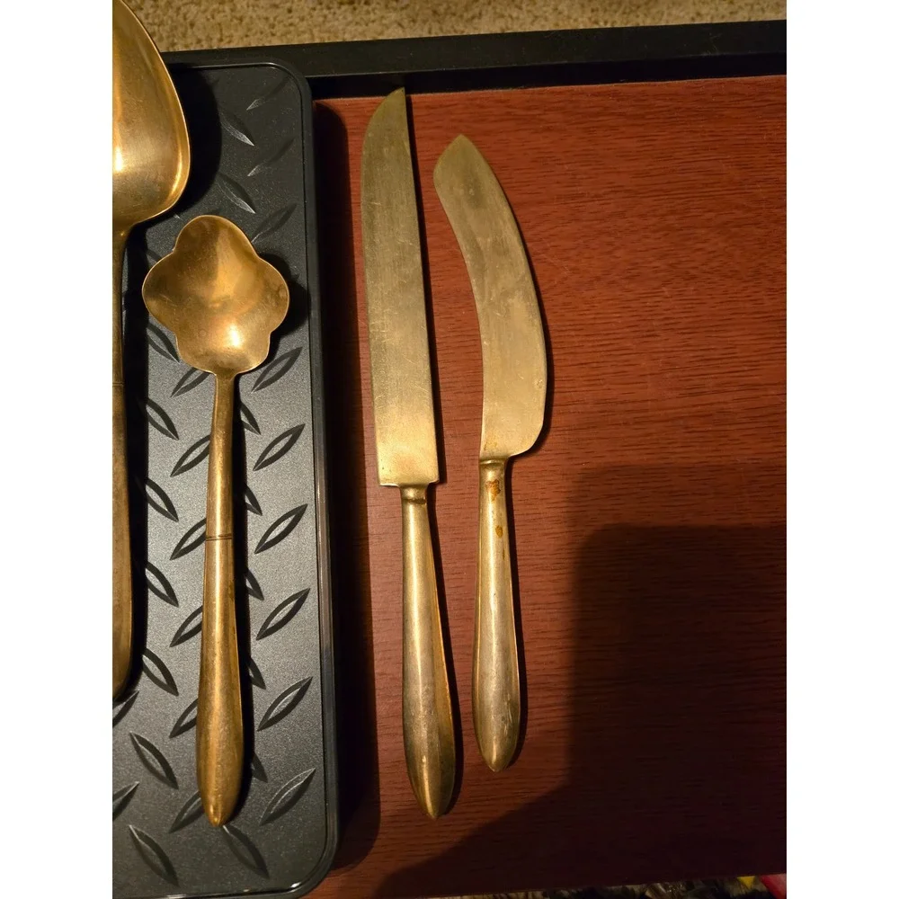 Vintage Bronze Brass Tone 9 Piece Serving Set Mid Century Flatware Utensils
